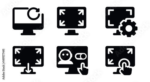 Solid style icons of smart fullscreen behavior: auto fullscreen icon, fullscreen on open, fullscreen via command, auto-hide UI in fullscreen, intelligent fullscreen detection, AI toggle screen,