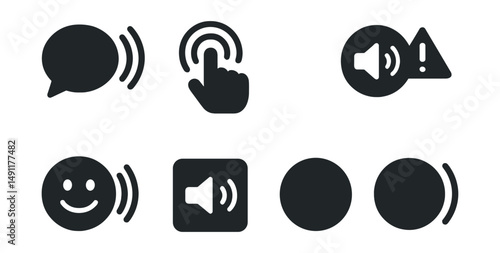 Solid style icons of sound feedback and response: reaction sound bubble, tap with sound waves, button with audio cue, volume alert icon, feedback tone icon, interface audio symbol, successful sound,