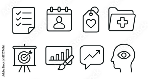 Line style icons of personal tasks: daily checklist icon, personal agenda badge, self-care tag, health task file, goal-setting board, hobby chart, self-improvement bubble, individual focus symbol.