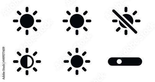 Solid style icons of brightness levels: sun icon, low brightness, medium brightness, high brightness, brightness off, half-filled sun, circle with rays, brightness slider.