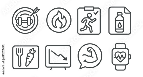 Line style icons of fitness and health goals: workout target icon, calories burn badge, exercise schedule tag, hydration goal file, meal plan board, weight loss chart, fitness progress bubble, health