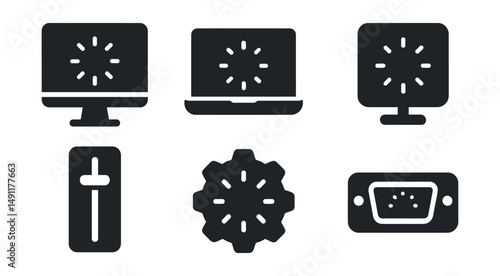 Solid style icons of hardware brightness: monitor brightness button, laptop key with sun, external display brightness icon, brightness toggle on keyboard, brightness icon on bezel, physical dimmer,