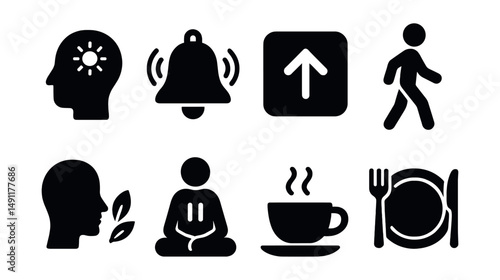 Solid style icons of mindful habits: present moment icon, mindfulness bell, breath-in square, mindful walking, focus on senses, mindful pause, tea ritual, mindful eating plate.