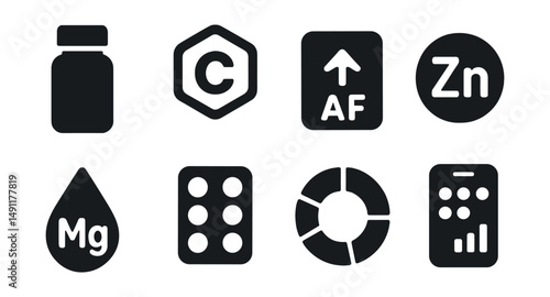 Solid style icons of vitamins and minerals: vitamin bottle, calcium badge, iron icon, zinc symbol, magnesium drop, multivitamin pack, nutrient wheel, supplement tracker.