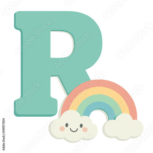 Uppercase Letter R with Cute Rainbow – Nature Alphabet Vector for Kids
