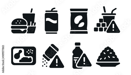 Solid style icons of unhealthy eating habits: fast food combo, soda can icon, processed snack bag, sugar overload icon, ultra-processed meal, salt overload, trans fat alert, portion excess.