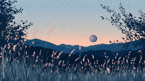 Serene Sunset Landscape with Lavender and Distant Planet