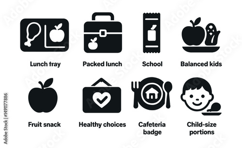 Solid style icons of school nutrition: lunch tray, packed lunchbox, school snack, balanced kids meal, fruit snack icon, healthy choices sign, cafeteria badge, child-size portions.