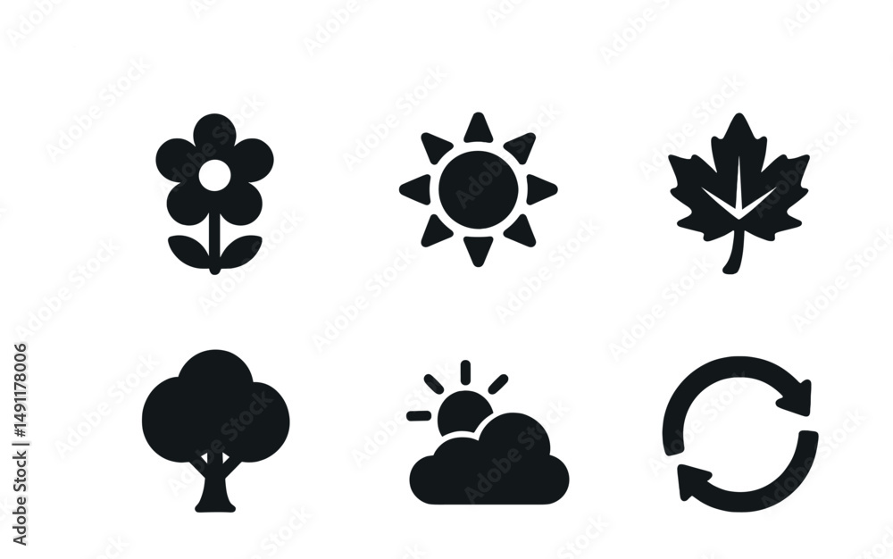 Solid style icons of seasons in nature: spring flower, summer sun, autumn leaf, winter snowflake, seasonal tree, changing sky, seasonal cycle icon, climate ring. Solid style icons of seasons in nature: spring flower, summer sun, autumn leaf, winter snowflake, seasonal tree, changing sky, seasonal cycle icon, climate ring.