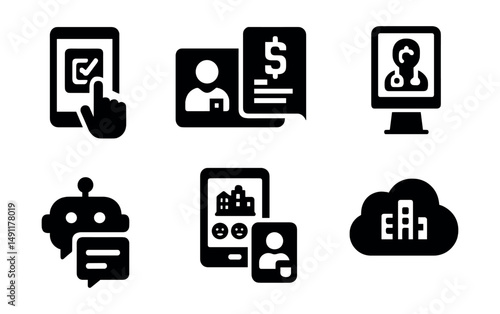 Solid style icons of digital citizen life: e-voting, smart city ID, digital tax form, telehealth kiosk, city chatbot, urban feedback form, mobile license, local cloud icon.