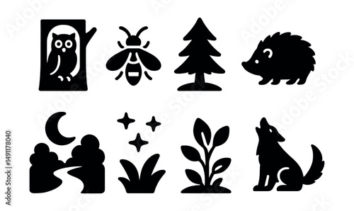 Solid style icons of night forest: owl in tree, glowing firefly, dark pine, nocturnal animal, moonlit path, stars above, night plants, forest howl.