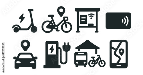 Solid style icons of mobility in smart cities: electric scooter, shared e-bike, smart bus stop, subway card, ride-hailing icon, EV charger, mobility hub, real-time traffic app.