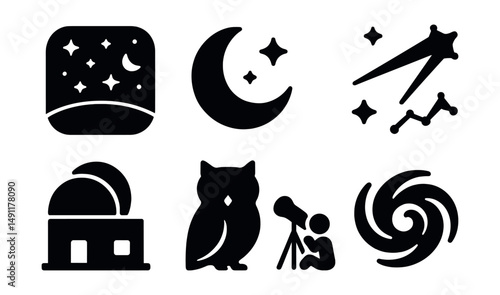Solid style icons of starry night and sky: night sky, crescent moon, shooting star, constellation icon, observatory dome, night owl, stargazing icon, galaxy swirl.