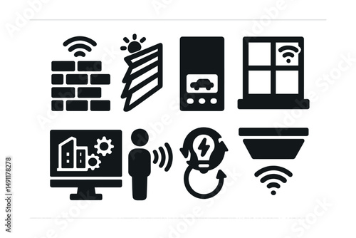 Solid style icons of smart architecture: sensor-integrated wall, adaptive shading, climate control panel, smart window, building management screen, occupancy tracker, energy feedback icon, responsive