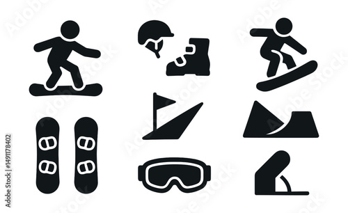 Solid style icons of snowboarding: snowboarder icon, snowboard gear, freestyle jump, slope flag, board with bindings, winter goggles, halfpipe icon, board edge angle.