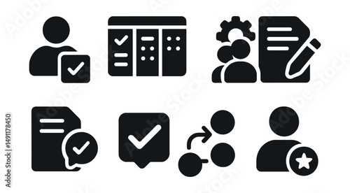 Solid style icons of team task sharing: assigned task icon, shared board, collaboration badge, live edit icon, task comment, completion status, task flow icon, project owner.
