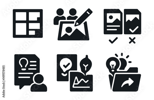Solid style icons of creative team work: moodboard icon, collaborative sketch, shared creative brief, version compare, feedback round, visual draft, idea tag, export folder.