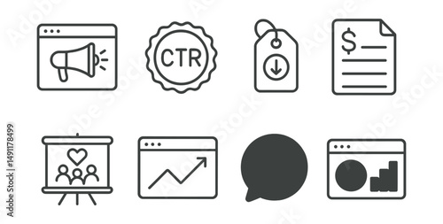 Line style icons of marketing metrics in dashboards: campaign performance icon, CTR badge, conversion rate tag, ad spend file, social engagement board, campaign overview chart, return on investment
