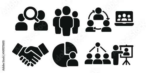 Solid style icons of team formation in startups: cofounder search, early hire, team dynamic icon, remote team badge, founder agreement, equity split chart, role clarity, hiring pitch.