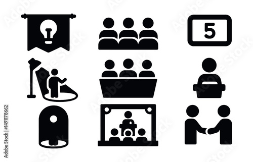 Solid style icons of startup pitching events: demo day banner, audience seat, investor panel icon, countdown timer, founder spotlight, pitch booth, event stage, post-pitch handshake.