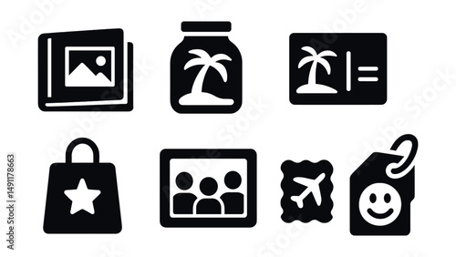 Solid style icons of holiday memories: photo album, memory jar, postcard icon, vacation sticker, souvenir bag, family photo frame, travel stamp, smiley face tag.