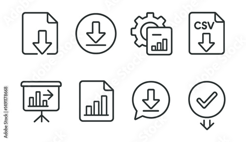 Line style icons of data export in dashboards: export file icon, download button badge, report generator tag, CSV export file, data transfer board, data file chart, download completed bubble, export