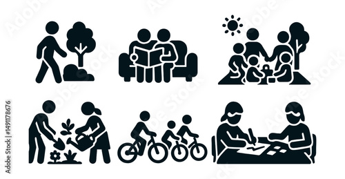 Solid style icons of quality time together: park walk, reading on couch, weekend outing, indoor picnic, gardening as a family, group bike ride, drawing together, board game icon.