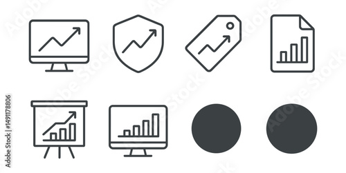 Line style icons of performance metrics graphs: performance icon, output graph badge, growth rate tag, efficiency chart file, result data board, benchmark chart, KPI progress bubble, success metric