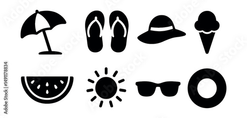 Solid style icons of summer activities: beach umbrella, flip-flops, sunhat, ice cream cone, watermelon slice, sunny day icon, sunglasses, swimming float.