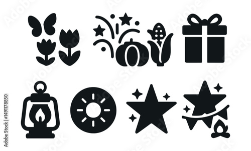 Solid style icons of seasonal holidays: spring celebration, summer fireworks, autumn harvest icon, winter gifts, seasonal lantern, solstice badge, seasonal star, seasonal festival icon.