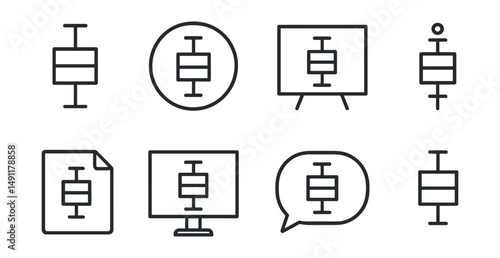 Line style icons of box plot diagrams: range analysis icon, data quartiles badge, spread chart tag, statistical file, distribution chart board, outlier data chart, box plot bubble, statistical data