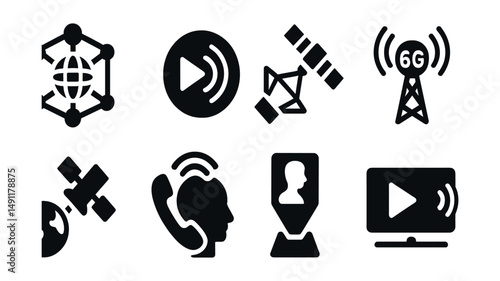 Solid style icons of breakthrough communication tech: quantum internet, light-speed signal, satellite mesh, 6G antenna, low-earth relay, brainwave call, hologram call icon, zero-delay stream.