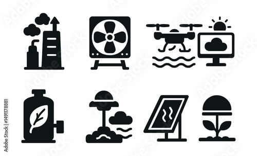 Solid style icons of climate innovation tech: carbon capture tower, direct air filter, ocean cleaner drone, climate simulator, green reactor, atmospheric sensor, heat mirror panel, smart agriculture