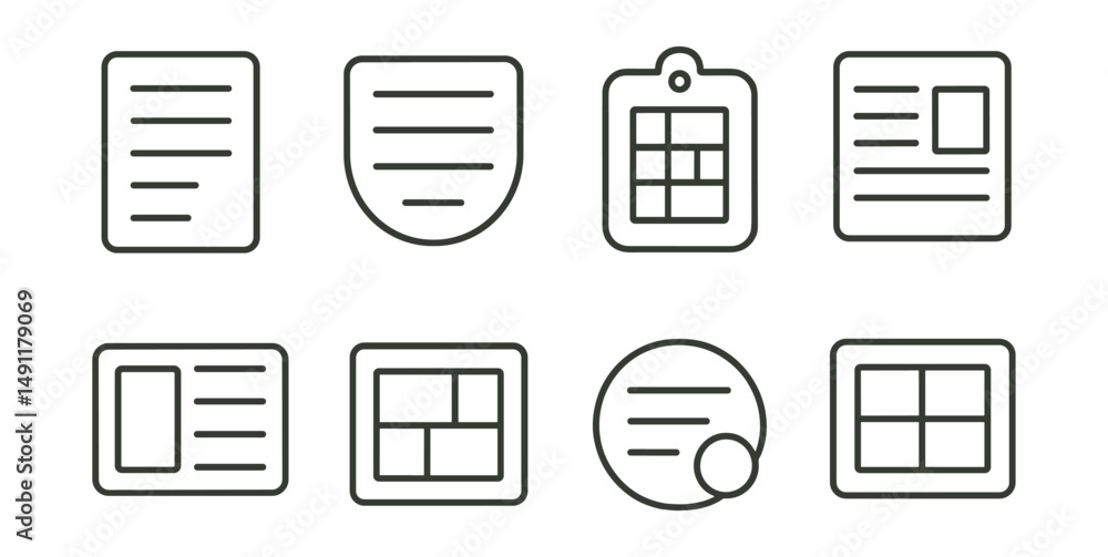 Line style icons of infographics layouts: vertical layout icon, horizontal layout badge, grid-based tag, alignment system file, sectioned infographic board, modular design chart, balanced visual Line style icons of infographics layouts: vertical layout icon, horizontal layout badge, grid-based tag, alignment system file, sectioned infographic board, modular design chart, balanced visual