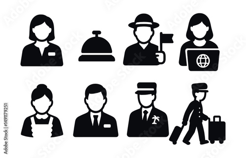 Solid style icons of hospitality and tourism jobs: hotel receptionist, concierge bell, tour guide icon, travel agent, housekeeper icon, resort manager, luggage porter, guest services badge.