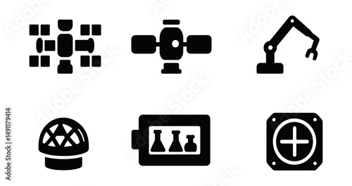 Solid style icons of space stations: modular station, habitation module, solar truss, docking port, robotic arm, observation dome, onboard lab, internal hatch.
