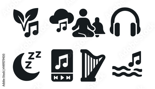 Solid style icons of relaxing music themes: nature sounds icon, ambient tones, meditation chime, soft headphones, music for sleep, peaceful playlist, harp strings, ocean rhythm.