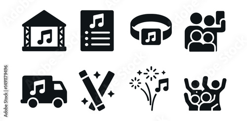 Solid style icons of music festivals and events: stage tent, lineup schedule, festival wristband, group selfie icon, music truck, glowsticks icon, fireworks + music, dance crowd.