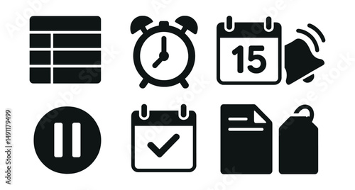 Solid style icons of school schedule and calendar: timetable, alarm clock, calendar date, bell ring icon, break icon, exam day, assignment due, holiday tag.
