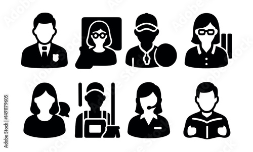 Solid style icons of teachers and staff: school principal, science teacher, gym coach, librarian, counselor, janitor, secretary, substitute teacher.