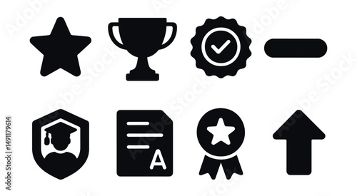 Solid style icons of school achievements: star sticker, trophy icon, merit badge, progress bar, student of the month, report card, effort ribbon, improvement arrow.