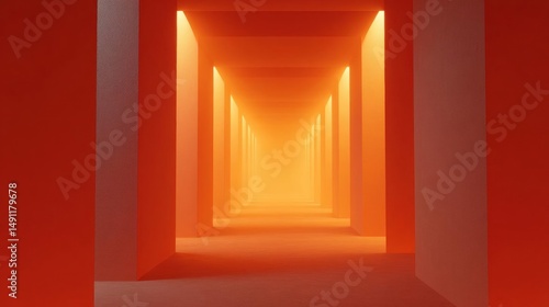 Long, straight corridor with a bright orange glow emanating from the center. the corridor is made up of multiple columns on either side, creating a sense of depth and dimension.