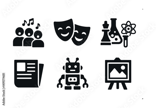 Solid style icons of extracurricular activities: school choir, drama mask, chess club, science fair, school newspaper, robotics team, photography club, art exhibit.