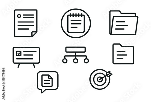 Line style icons of course content: syllabus icon, lecture notes badge, study material tag, module file, lesson plan board, topic outline chart, assignment bubble, learning objectives symbol.