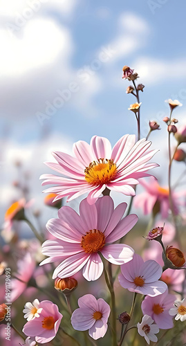 Delicate Pink Cosmos Blossoms Against a Light Sky
