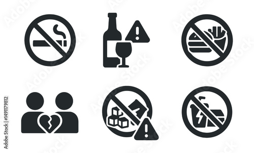 Solid style icons of avoiding bad habits: cigarette crossed out, alcohol warning icon, junk food ban, screen time limit, toxic relationship icon, sugar cut icon, energy drink alert, fast food block.