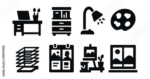 Solid style icons of art studio space: workspace desk, organized shelf, table lamp, messy palette, drying rack, sketch wall, creative corner, studio window.
