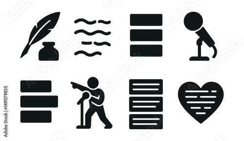 Solid style icons of poetry and verse: quill and ink, rhyming lines, haiku icon, spoken word mic, stanza blocks, poetry slam pose, sonnet structure, verse heart.