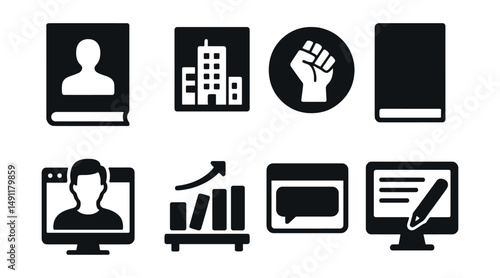 Solid style icons of modern literature: contemporary book cover, urban novel, social issue badge, minimalist title, digital author icon, trend shelf, online review, literary blog.