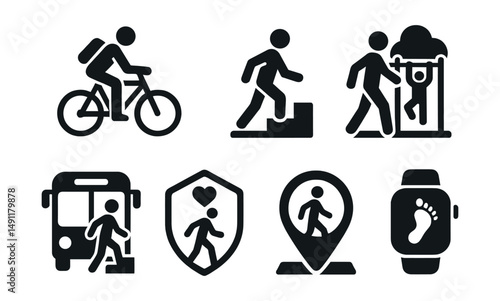 Solid style icons of urban active living: bike to work, stair climbing icon, walking commute, park workout, transit and steps, active lifestyle badge, walkability score, step count tracker.